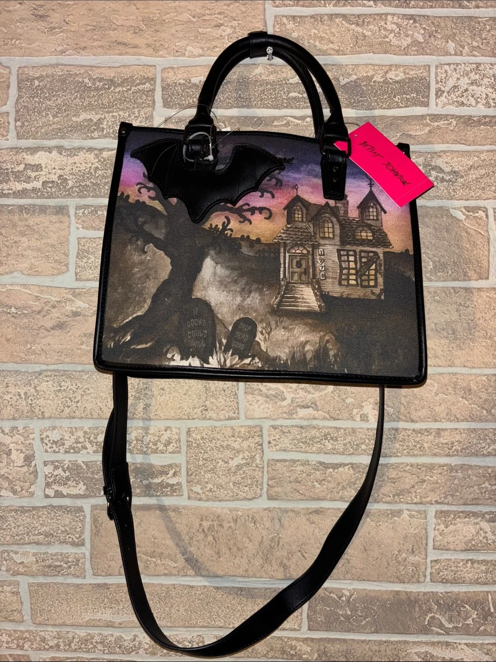 Betsey Johnson Black Satchel with Purple-Pink Sunset Haunted House bat Art